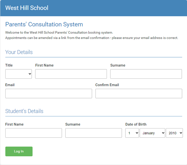 A photo of the Progress Evening Booking System login page