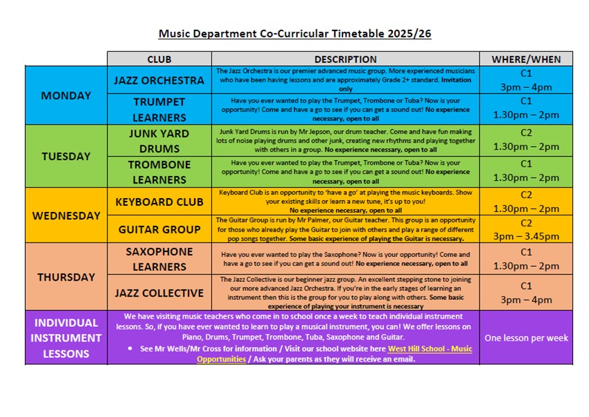 Music Co-curricular Timetable 2025-2026 Music Co-curricular Timetable 2025-2026