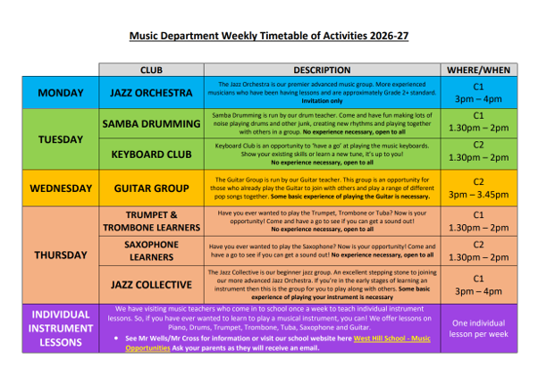 Music Co-curricular Timetable 2026-2027 An image of the Music Co-curricular Timetable 2026-2027