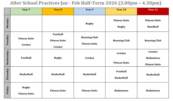 A photo of the Sports Co-curricular Timetable