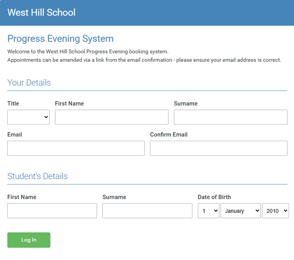 Parents' Evening booking system A photo of the Parents' Evening booking system