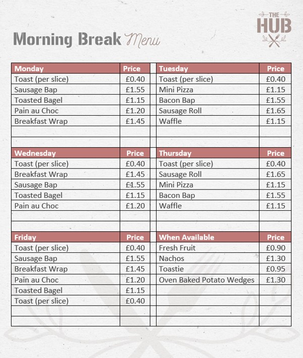 Breaktime Food Menu at West Hill School 2026-27